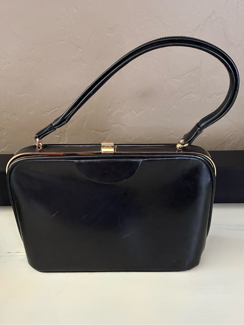 Vintage Black Genuine Leather Double Handle Frame Handbag | Made in England